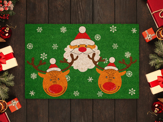 Christmas Santa and Reindeer, Christmas Snow Coir Door Mat, Front Door Mat, Outdoor Mats, Funny Doormat, Welcome Mats, Coir Mats
