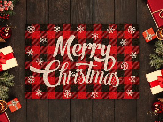 Christmas Merry Christmas, Christmas Snow and Plaid Coir Door Mat, Front Door Mat, Outdoor Mats, Funny Doormat, Welcome Mats, Coir Mats