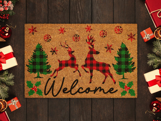 Christmas Welcome Reindeers, Christmas Snow Coir Door Mat, Front Door Mat, Outdoor Mats, Funny Doormat, Welcome Mats, Coir Mats