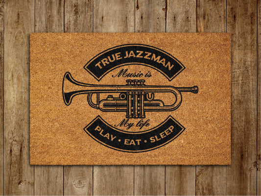 Jazz Man Door Mat, Play Eat Sleep Door Mat, Funny Doormat, Welcome Outdoor Coir Mats Gift Doormat Housewarming Gift