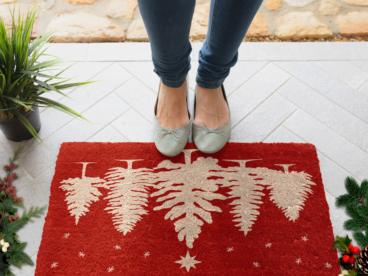 Christmas Pine Tree, Christmas Snow Coir Door Mat, Front Door Mat, Outdoor Mats, Funny Doormat, Welcome Mats, Coir Mats
