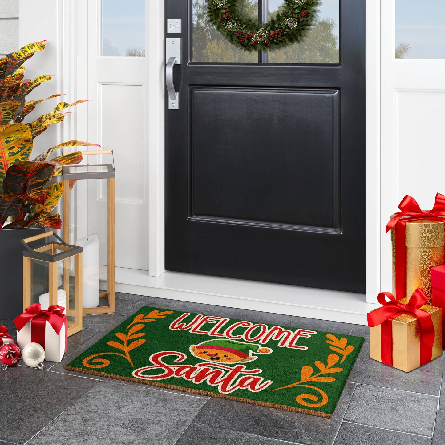 Christmas Welcome Santa Elf, Christmas Snow Coir Door Mat, Front Door Mat, Outdoor Mats, Funny Doormat, Welcome Mats, Coir Mats