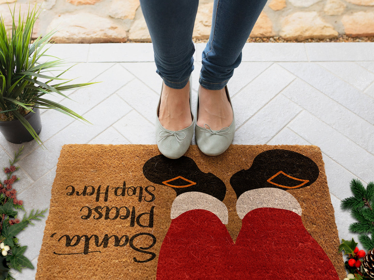 Santa Please Stop Here, Christmas Snow Coir Door Mat, Front Door Mat, Outdoor Mats, Funny Doormat, Welcome Mats, Coir Mats