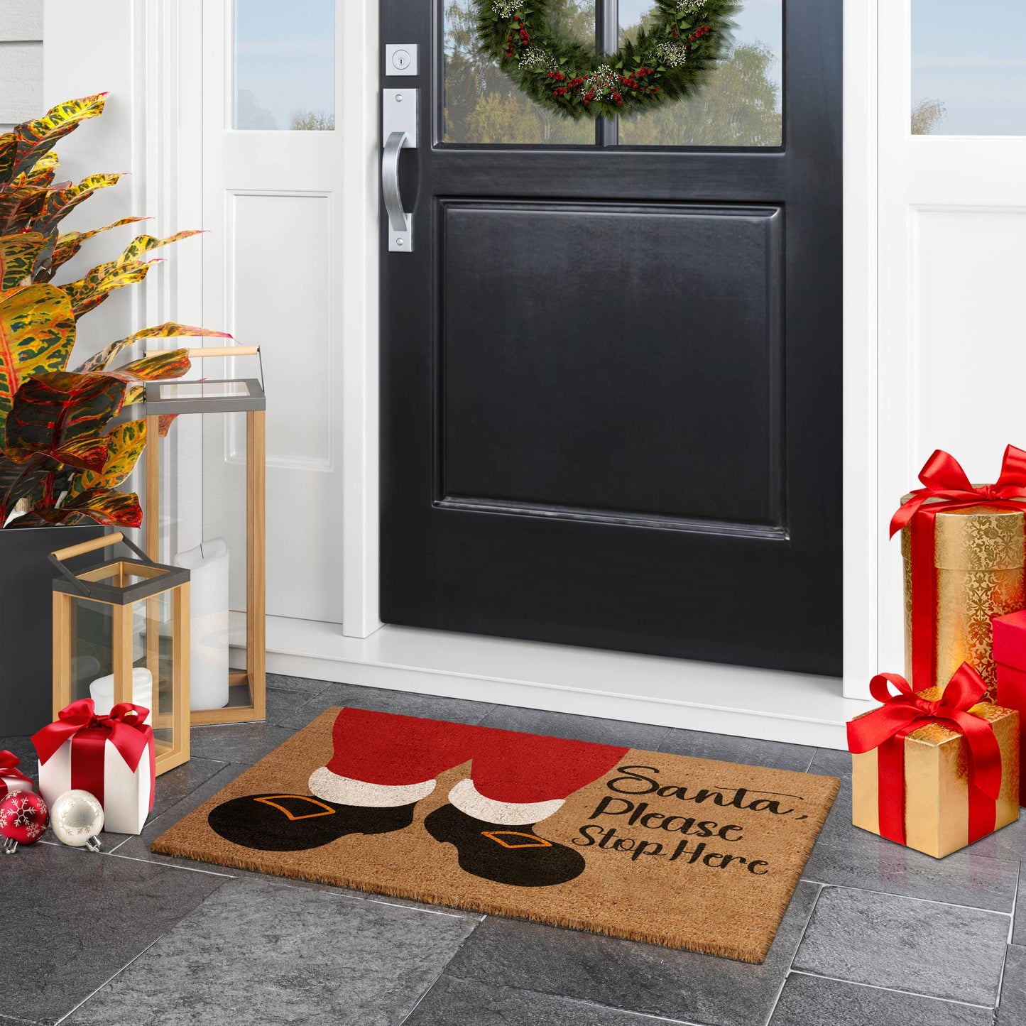 Santa Please Stop Here, Christmas Snow Coir Door Mat, Front Door Mat, Outdoor Mats, Funny Doormat, Welcome Mats, Coir Mats