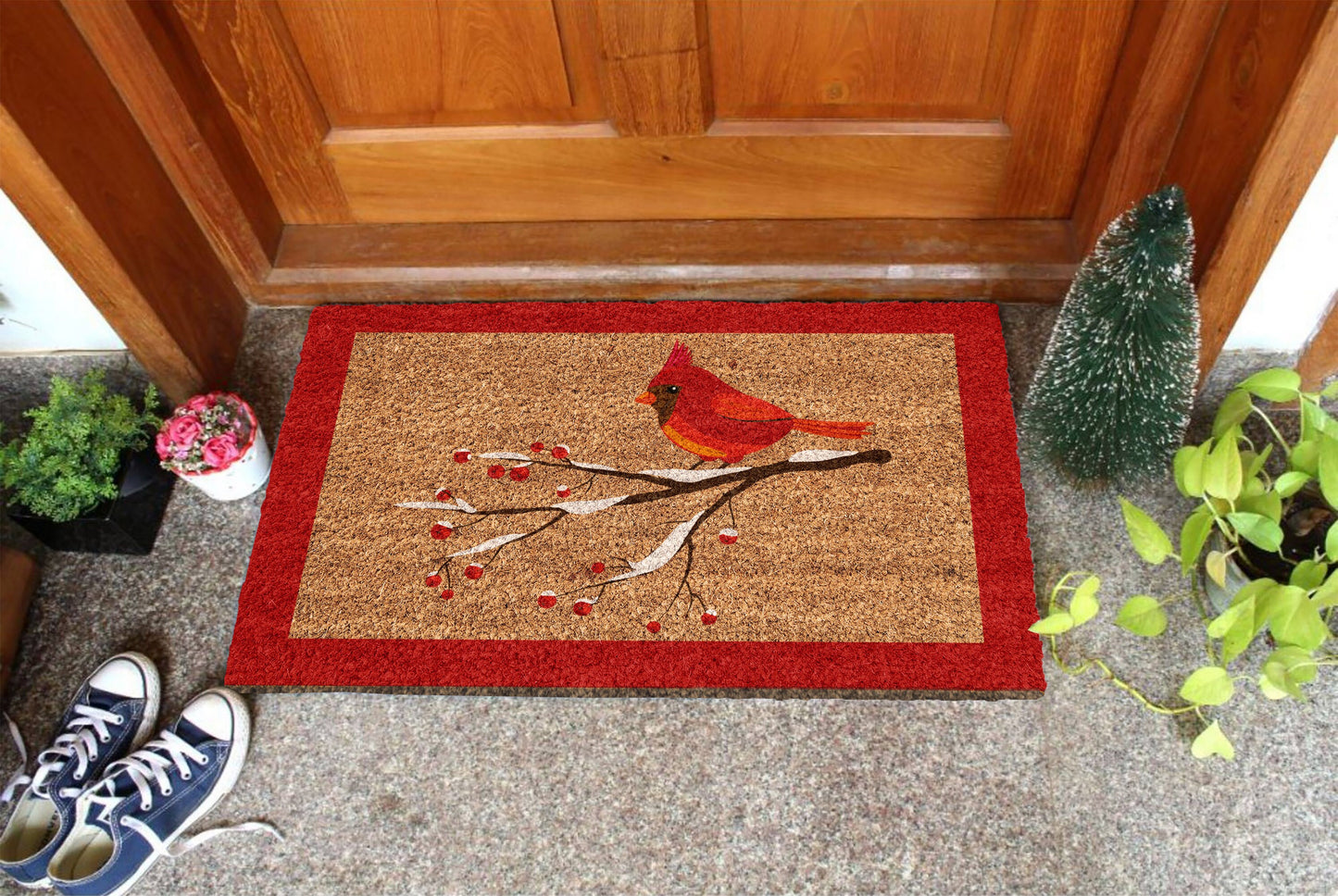 Christmas Cardinal Bird, Christmas Snow Coir Door Mat, Front Door Mat, Outdoor Mats, Funny Doormat, Welcome Mats, Coir Mats