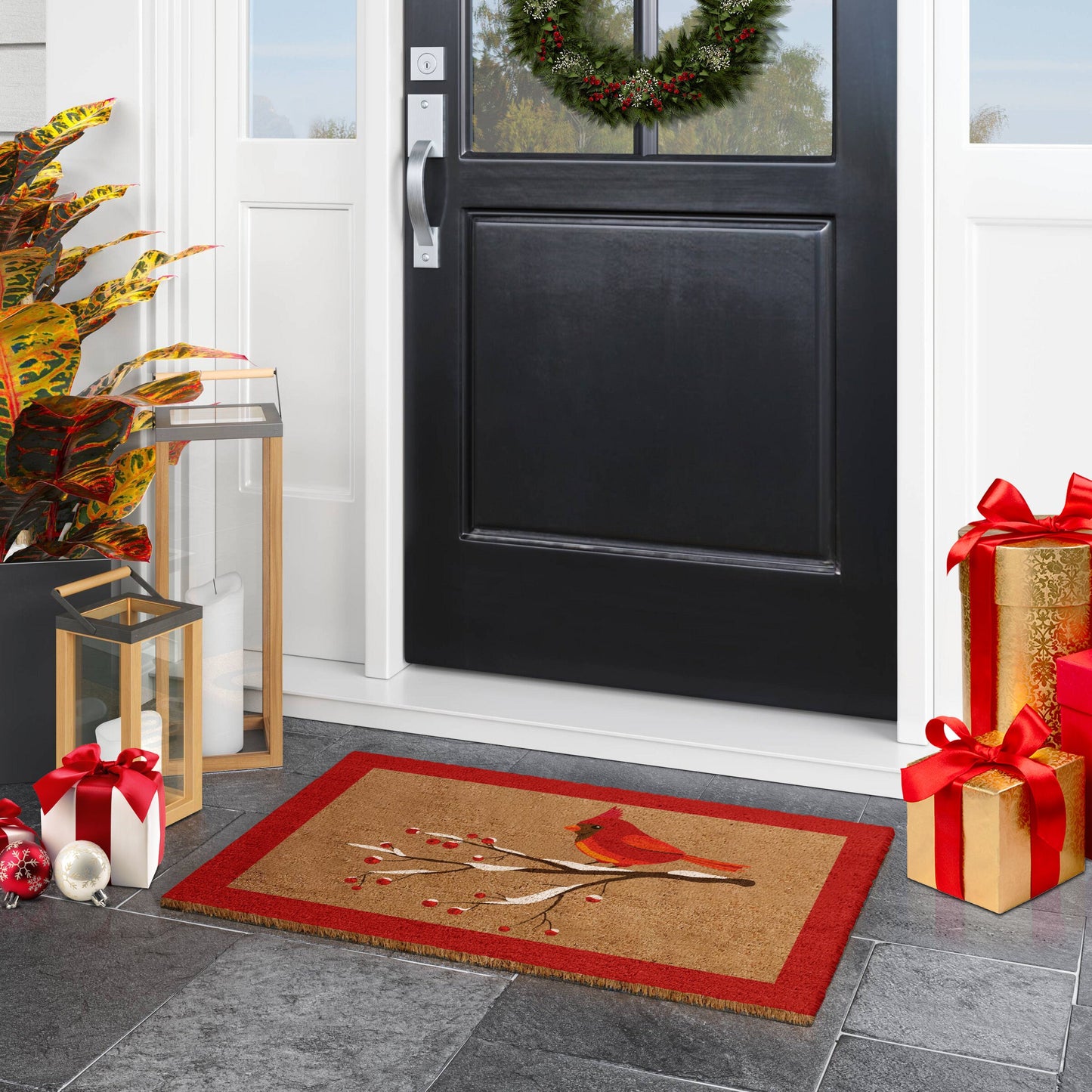 Christmas Cardinal Bird, Christmas Snow Coir Door Mat, Front Door Mat, Outdoor Mats, Funny Doormat, Welcome Mats, Coir Mats
