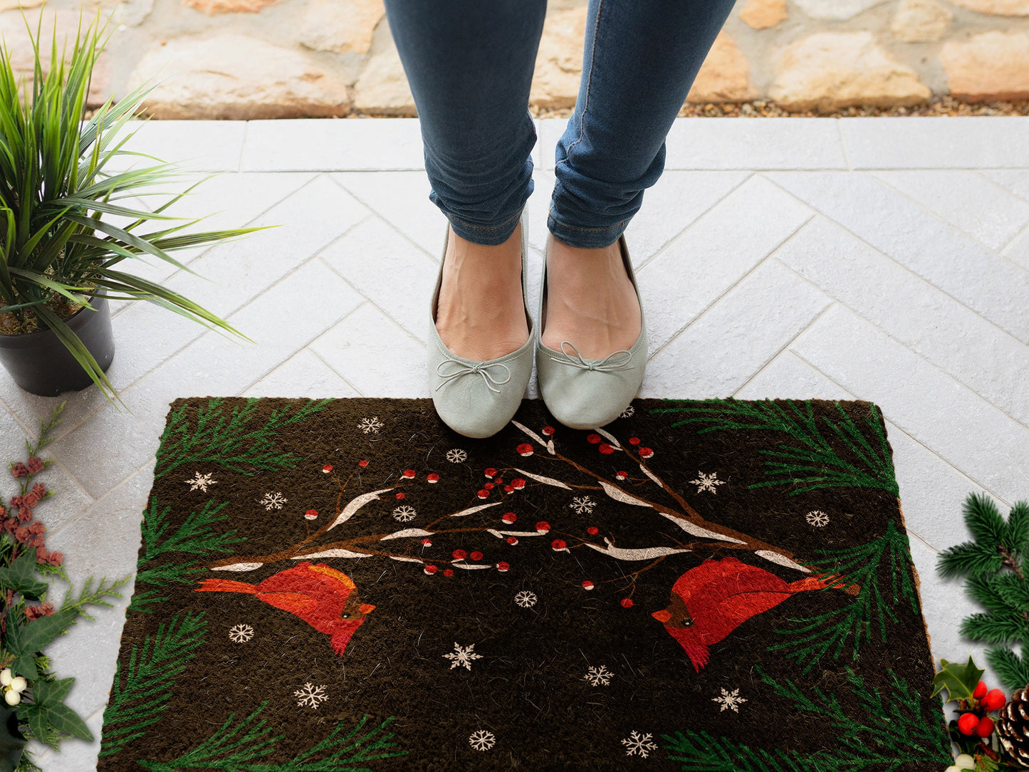 Christmas Cardinal Birds, Christmas Snow Dark Night Coir Door Mat, Front Door Mat, Outdoor Mats, Funny Doormat, Welcome Mats, Coir Mats