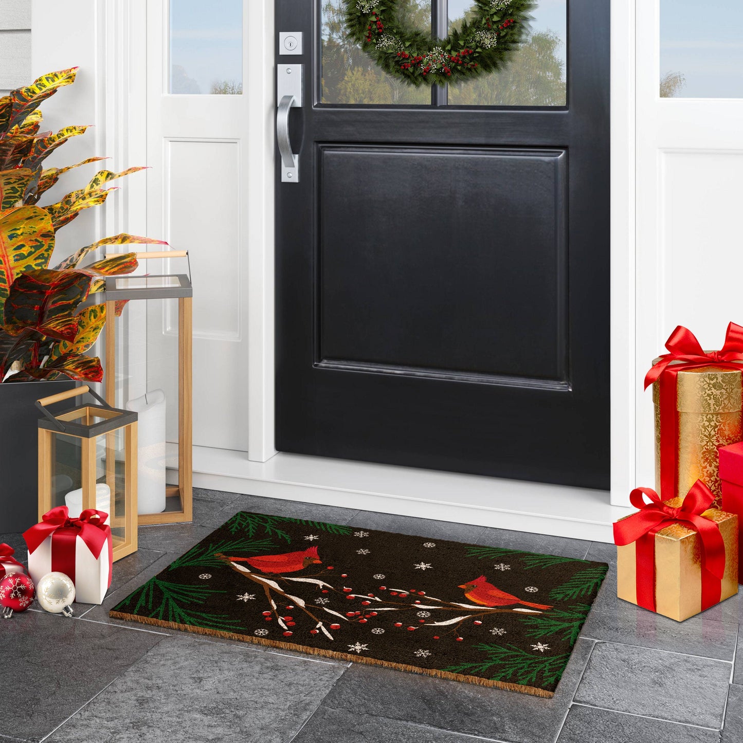 Christmas Cardinal Birds, Christmas Snow Dark Night Coir Door Mat, Front Door Mat, Outdoor Mats, Funny Doormat, Welcome Mats, Coir Mats