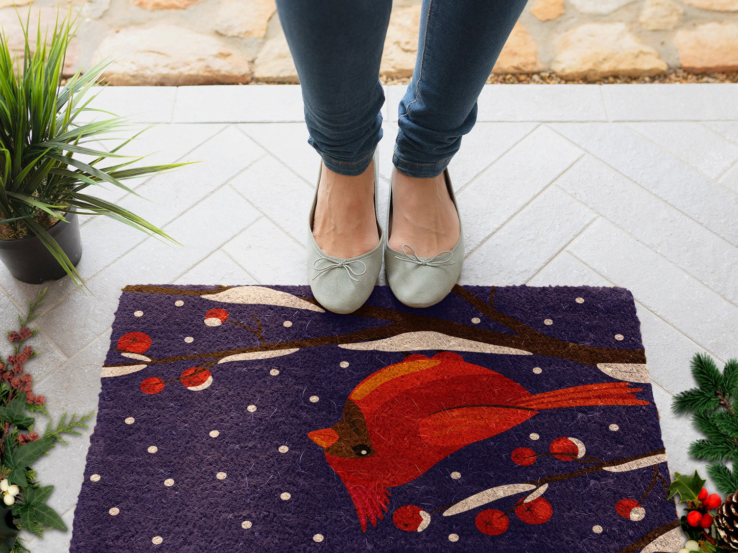 Christmas Cardinal Bird Night, Christmas Snow Coir Door Mat, Front Door Mat, Outdoor Mats, Funny Doormat, Welcome Mats, Coir Mats s-1089-CH