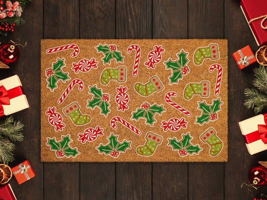 Gingerbread and Peppermints, Christmas Snow Coir Door Mat, Front Door Mat, Outdoor Mats, Funny Gingerbread and Peppermints, Coir Mats
