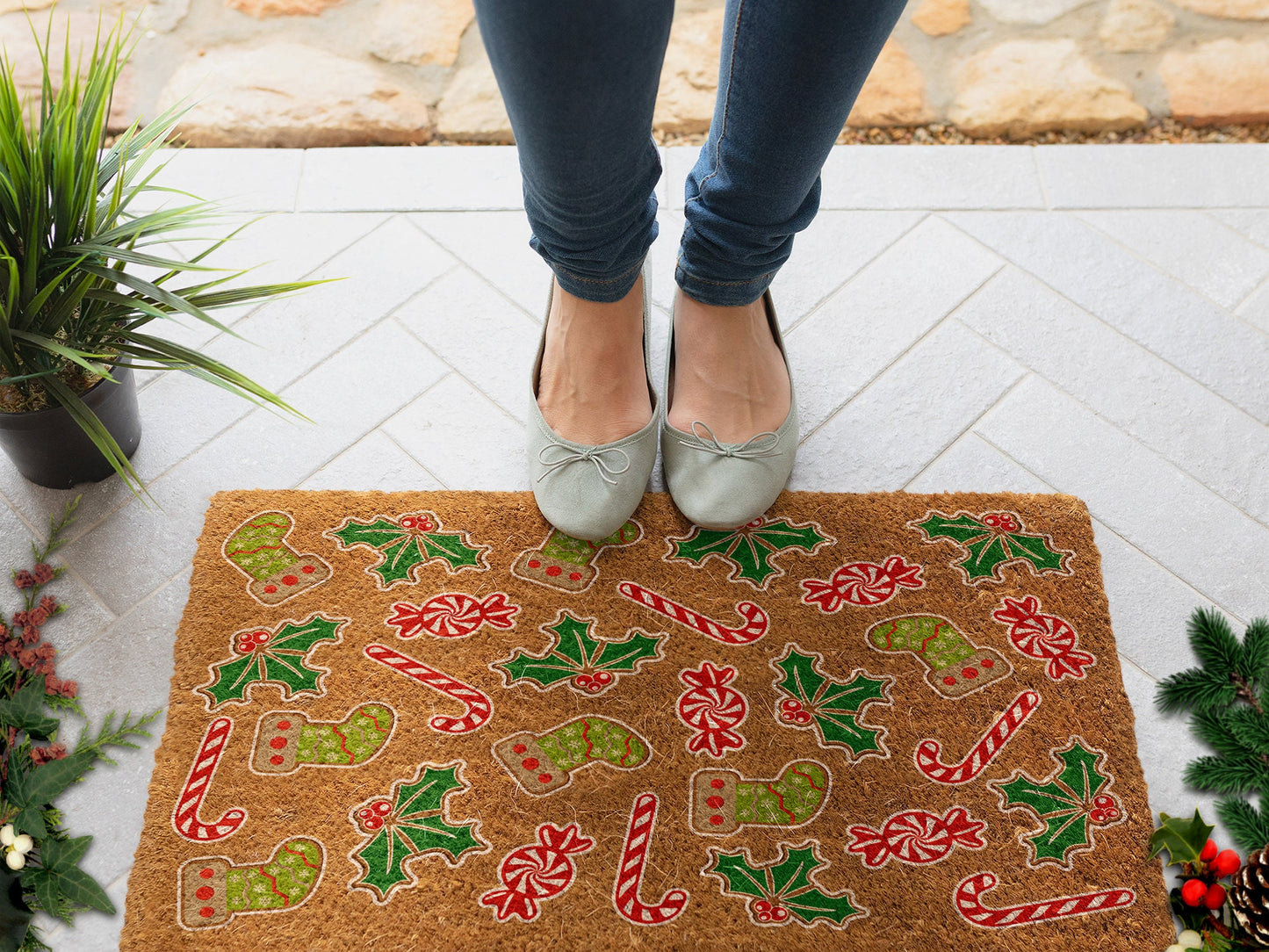 Gingerbread and Peppermints, Christmas Snow Coir Door Mat, Front Door Mat, Outdoor Mats, Funny Gingerbread and Peppermints, Coir Mats