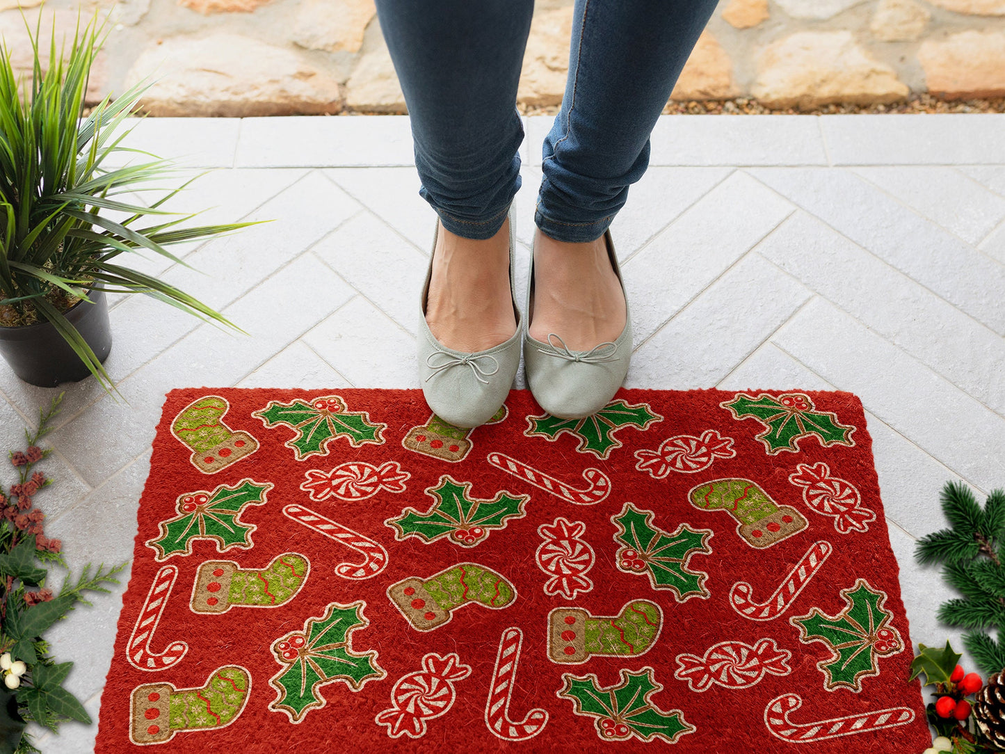 Gingerbread and Peppermints, Christmas Snow Coir Door Mat, Front Door Mat, Outdoor Mat, Funny Doormat, Gingerbread and Peppermints Coir Mat