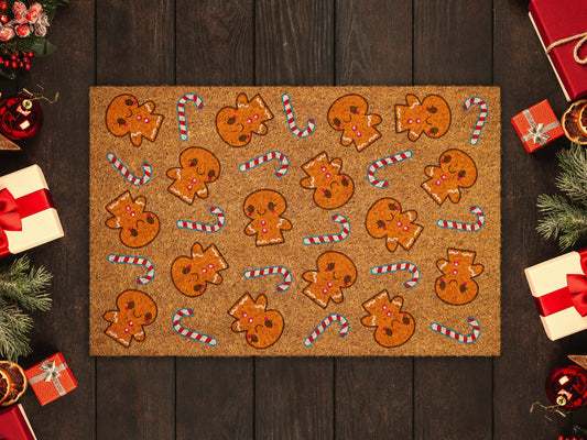 Gingerbread and Peppermints, Christmas Snow Coir Door Mat, Front Door Mat, Outdoor Mats, Gingerbread and Peppermints, Funny Coir Doormat