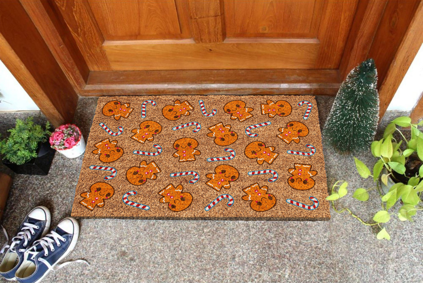 Gingerbread and Peppermints, Christmas Snow Coir Door Mat, Front Door Mat, Outdoor Mats, Gingerbread and Peppermints, Funny Coir Doormat