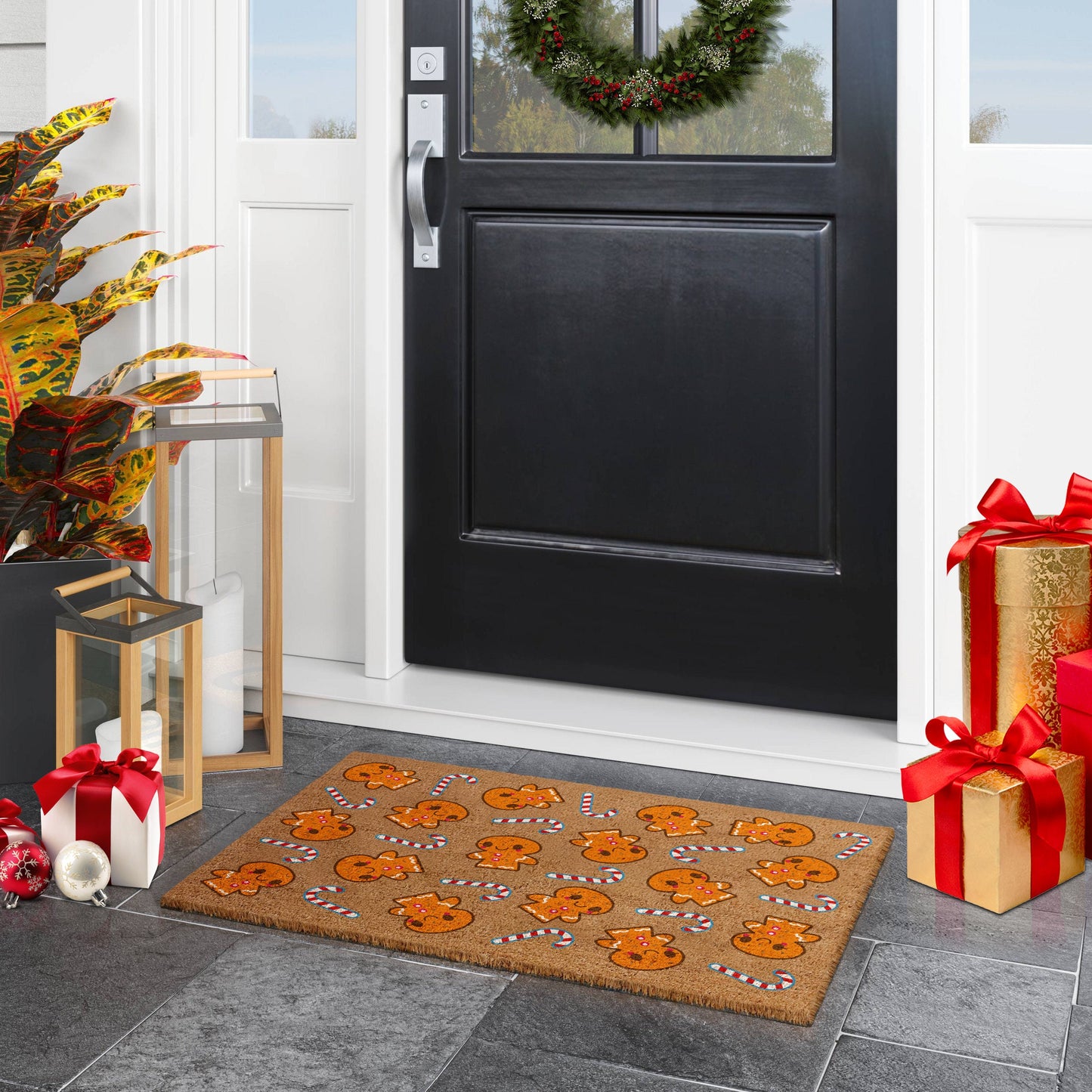 Gingerbread and Peppermints, Christmas Snow Coir Door Mat, Front Door Mat, Outdoor Mats, Gingerbread and Peppermints, Funny Coir Doormat