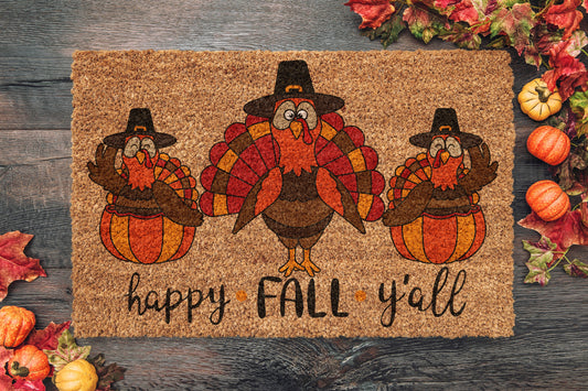 Happy Fall Y'all Turkeys, Coir Door Mat, Welcome Turkeys Mat, Front Door Mat, Outdoor Mats, Funny Doormat, Fall Welcome Mats, Coir Mats