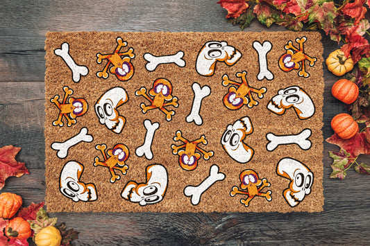 Halloween Skulls and Bones, Coir Door Mat, Welcome Mat, Front Door Mat, Outdoor Mats, Funny Doormat, Fall Welcome Mats, Coir Mats