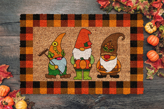 Fall Gnomes Plaid Frame, Coir Door Mat, Welcome Mat, Front Door Mat, Outdoor Mats, Funny Doormat, Fall Welcome Mats, Coir Mats