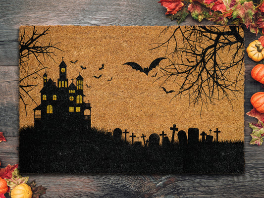 Happy Halloween The House on The Hill Coir Door Mat, Welcome Halloween Front Door Mat, Bats Outdoor Mats Funny Doormat, Halloween Decor Mat