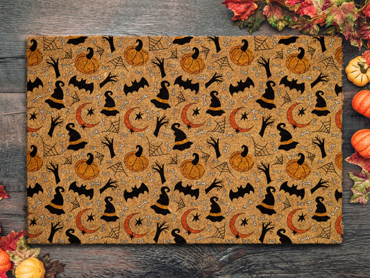 Happy Halloween Witch Hat Bats Pattern Door Mat, Welcome Halloween Door Mat, Witch Bats Outdoor Mats Funny Doormat, Halloween Decor Mat