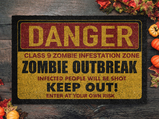 Halloween Danger Zombie Outbreak Coir Door Mat, Welcome Halloween Mat, Front Door Mat, Outdoor Mats, Funny Doormat, Halloween Decor Mat