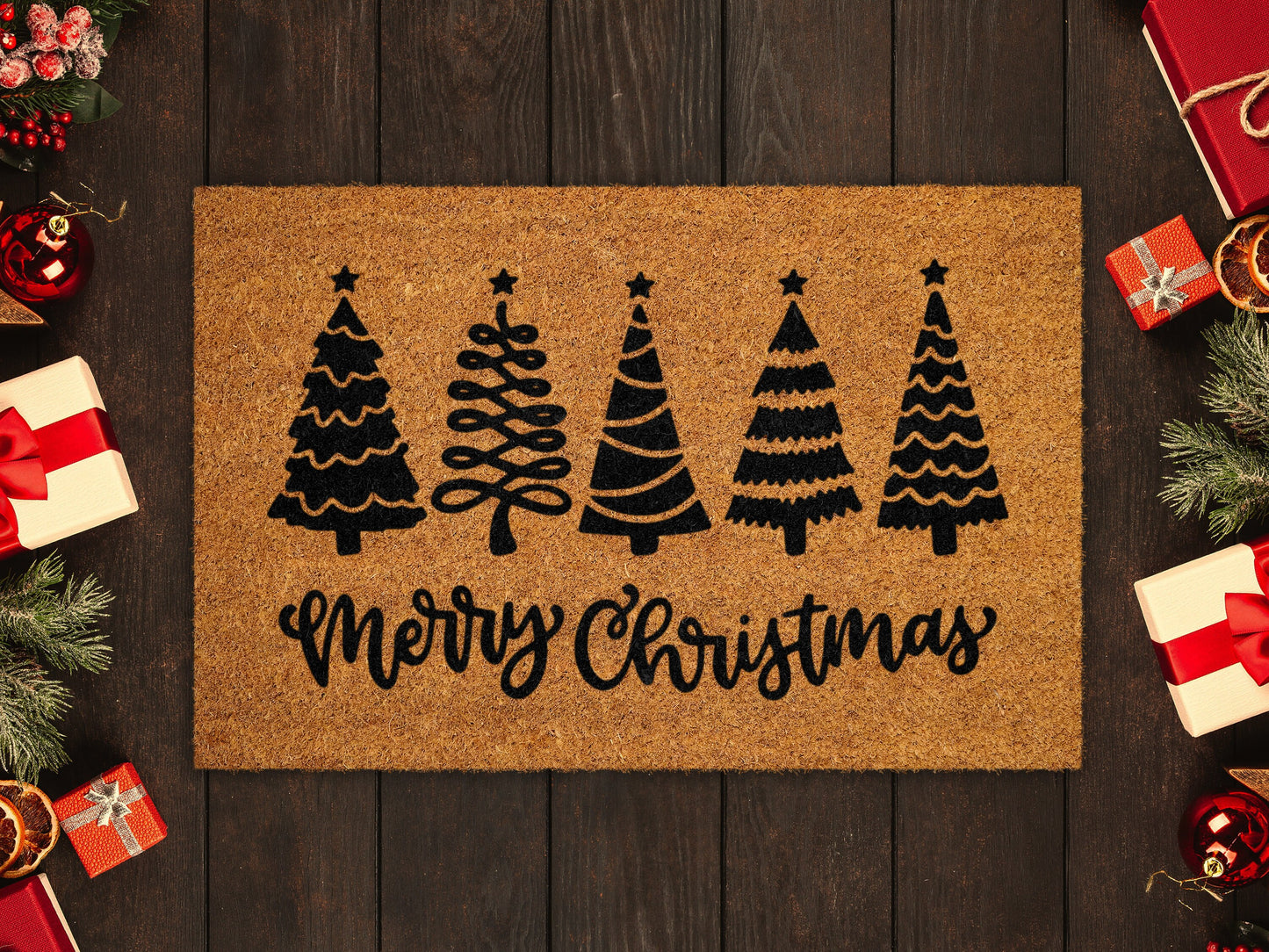 Merry Christmas Doormat, Christmas Trees Coir Door Mat, Front Door Mat, Funny Doormat, Welcome Mats, Christmas Coir Mats