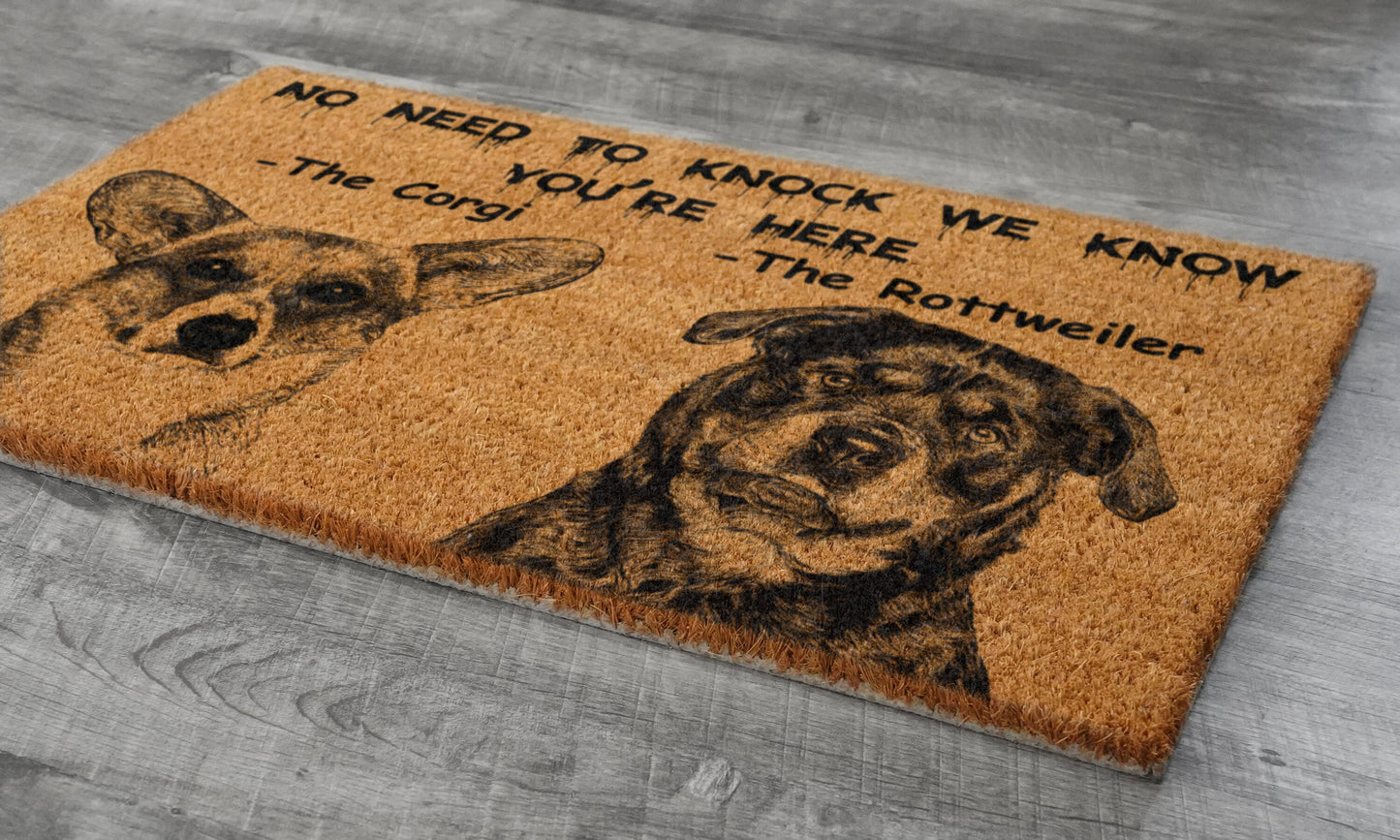 The Rottweiler Door Mat and The Corgi, We Know You ARE Here Rottweiler Dog Door Mats, Funny Corgi Doormat, Welcome Mats