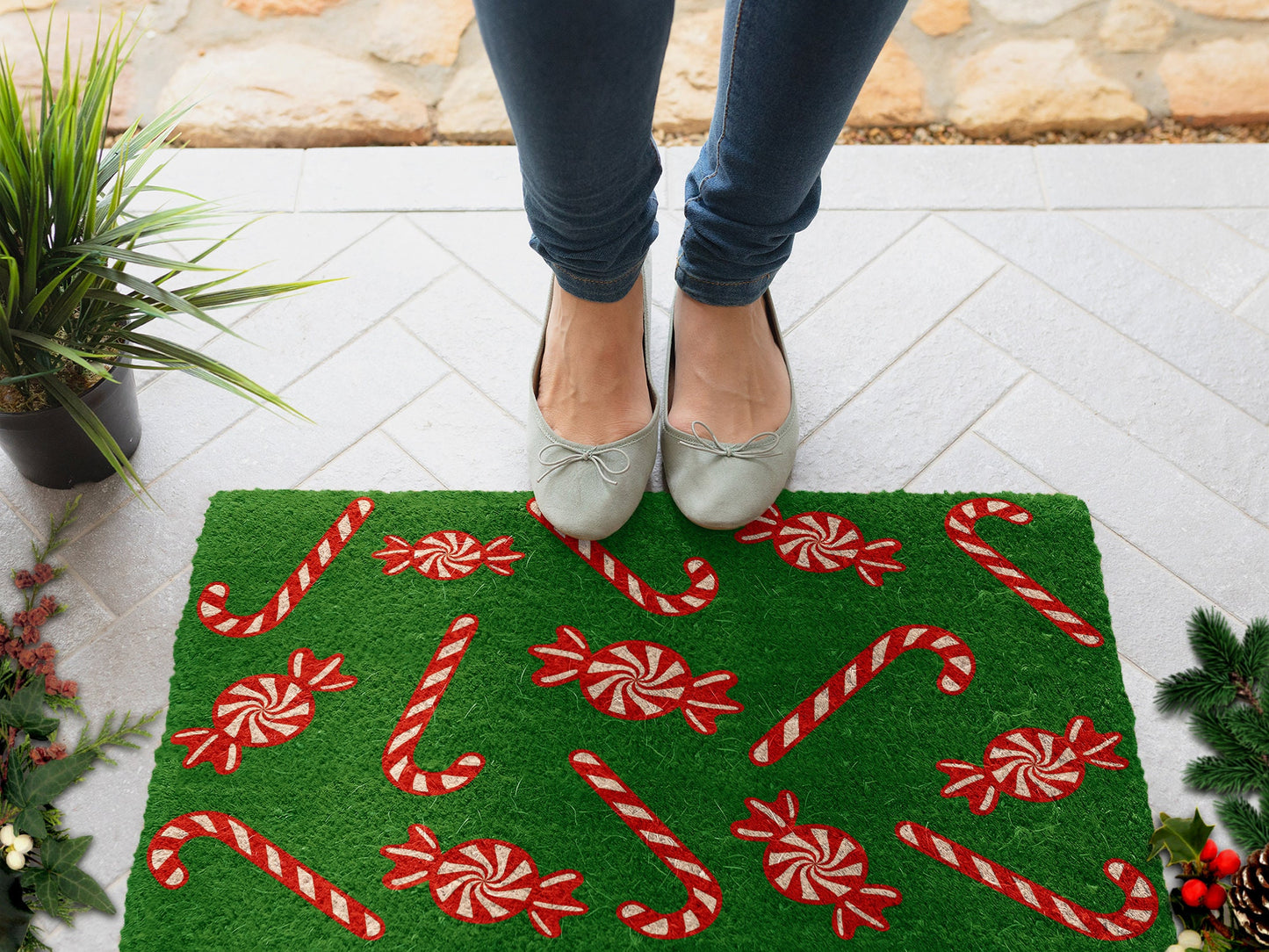 Christmas Peppermints Green, Christmas Snow Coir Door Mat, Front Door Mat, Outdoor Mats, Funny Doormat, Welcome Mats, Coir Mats