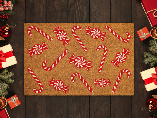 Christmas Peppermints, Christmas Snow Coir Door Mat, Front Door Mat, Outdoor Mats, Funny Doormat, Welcome Mats, Peppermints Coir Mats