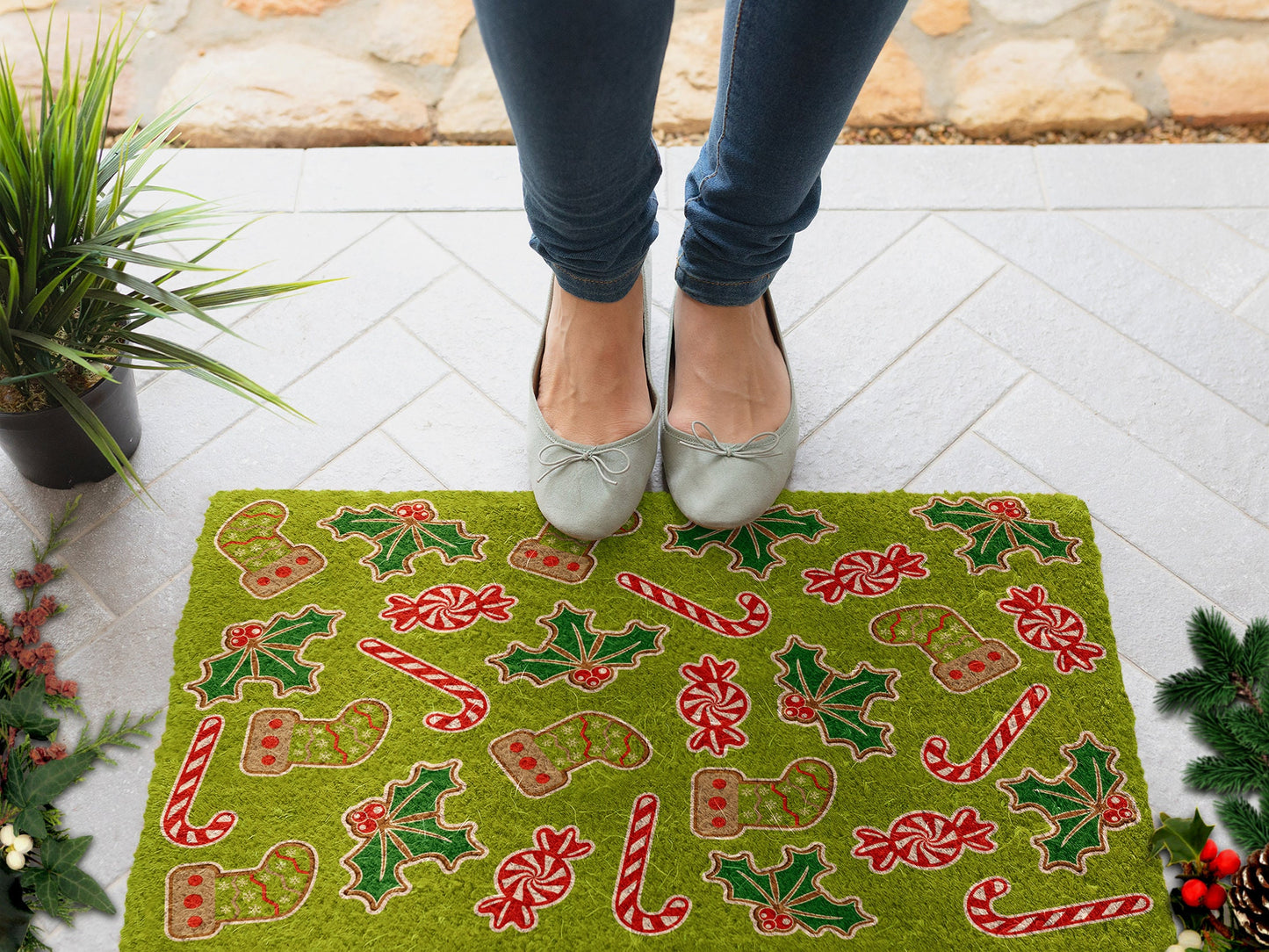 Gingerbread and Peppermints, Christmas Peppermint Coir Door Mat, Front Door Mat, Outdoor Mats, Funny Doormat, Welcome Mats, Coir Mats