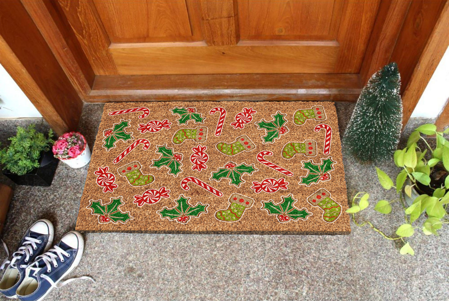 Gingerbread and Peppermints, Christmas Snow Coir Door Mat, Front Door Mat, Outdoor Mats, Funny Gingerbread and Peppermints, Coir Mats