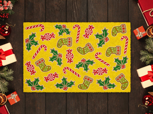Gingerbread and Peppermints, Christmas and Peppermint Snow Coir Door Mat, Front Door Mat, Outdoor Mats, Funny Doormat, Welcome Mats