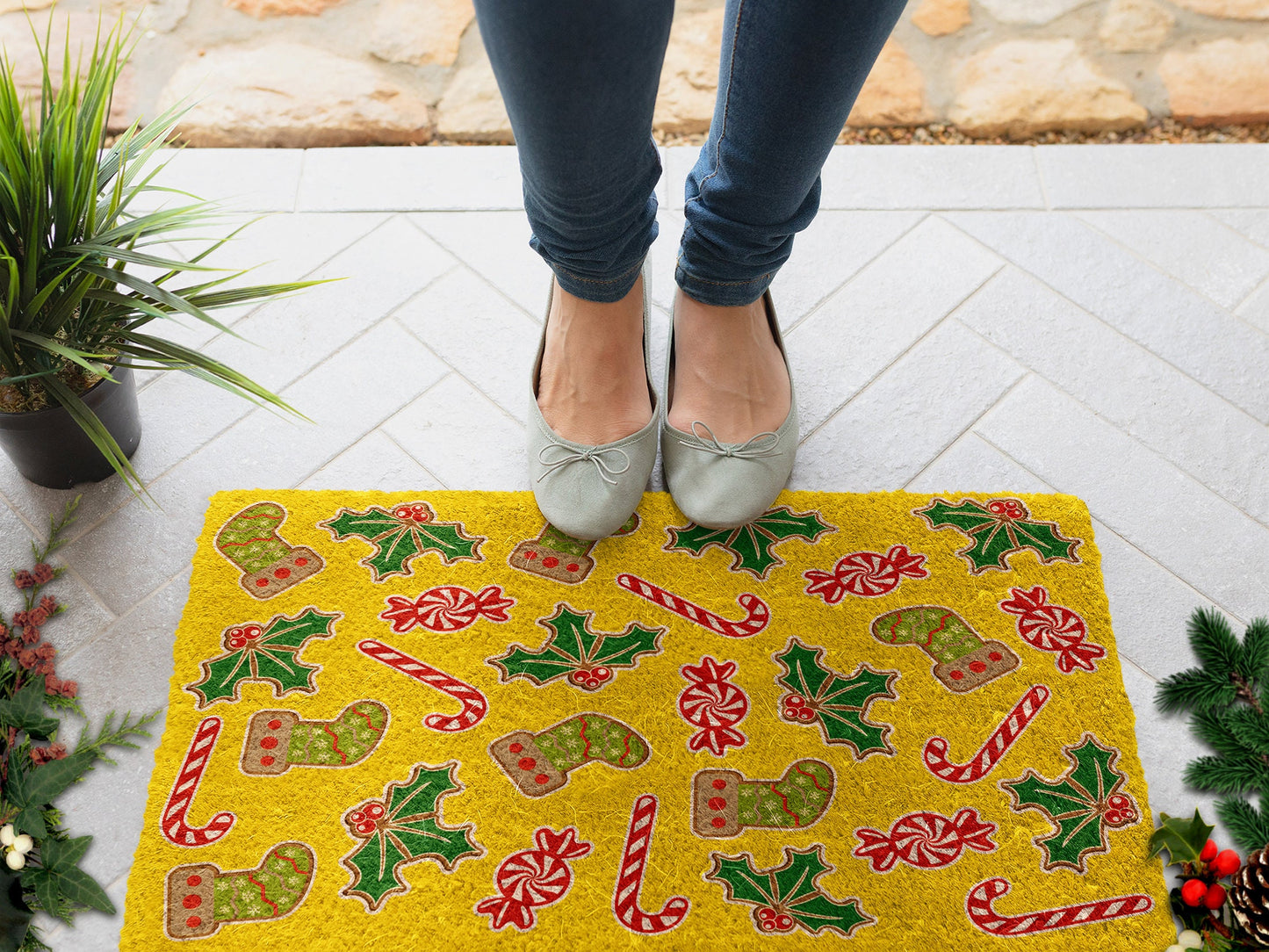 Gingerbread and Peppermints, Christmas and Peppermint Snow Coir Door Mat, Front Door Mat, Outdoor Mats, Funny Doormat, Welcome Mats