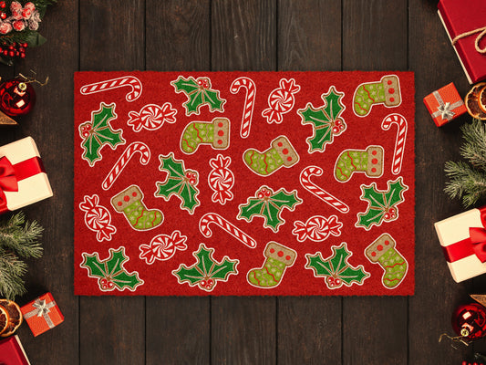 Gingerbread and Peppermints, Christmas Snow Coir Door Mat, Front Door Mat, Outdoor Mat, Funny Doormat, Gingerbread and Peppermints Coir Mat