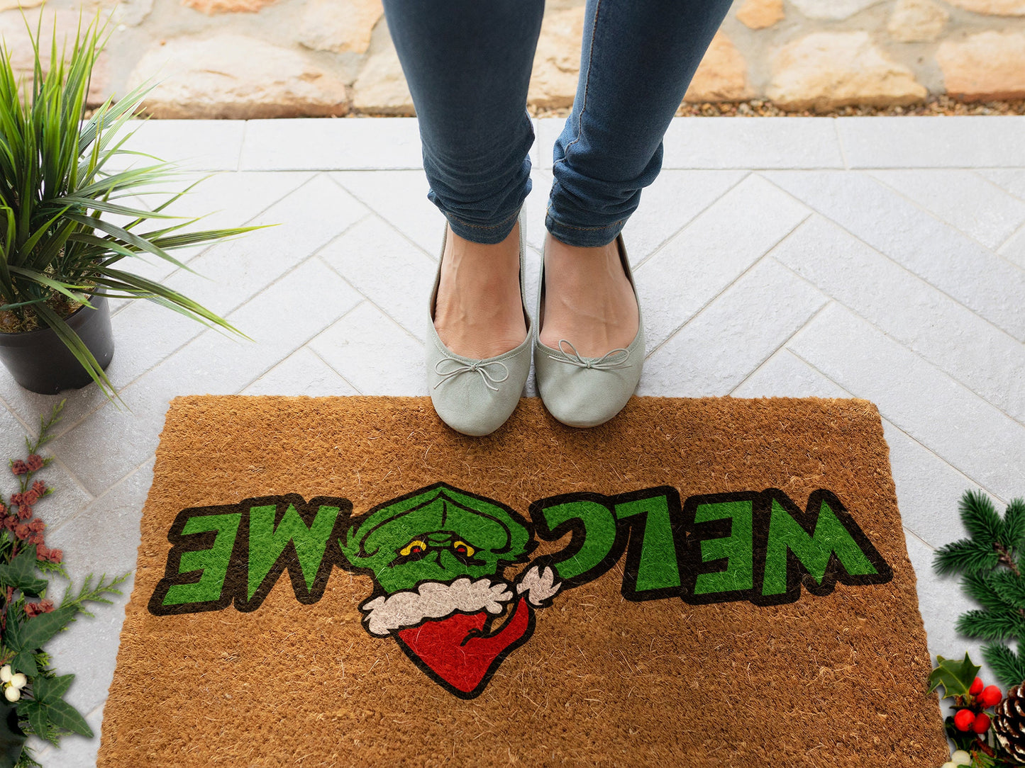 Christmas Grinch Welcome, Christmas Snow Coir Door Mat, Front Door Mat, Outdoor Mats, Grinch Funny Doormat, Welcome Mats, Coir Mats