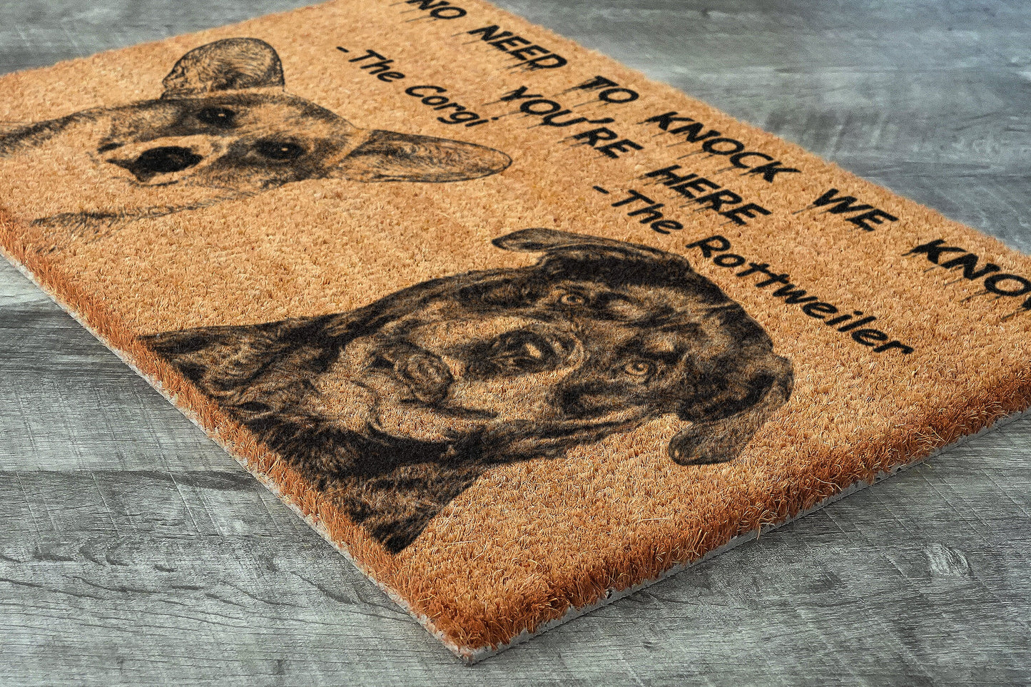 The Rottweiler Door Mat and The Corgi, We Know You ARE Here Rottweiler Dog Door Mats, Funny Corgi Doormat, Welcome Mats