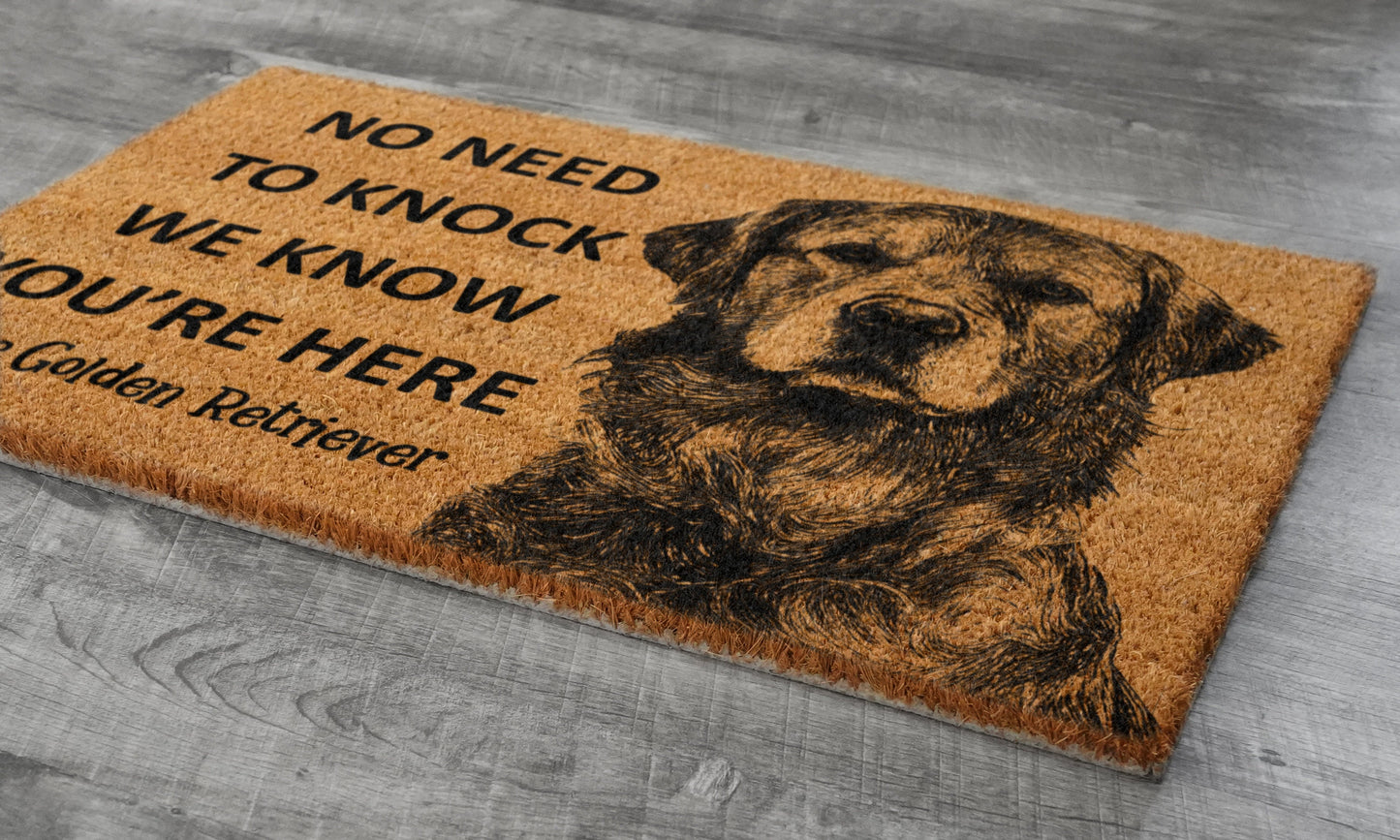 The Golden Retriever Coir Door Mat, We Know You ARE Here, Funny The Golden Retriever Dog Door Mats, The Golden Retrievers Outdoor Doormat