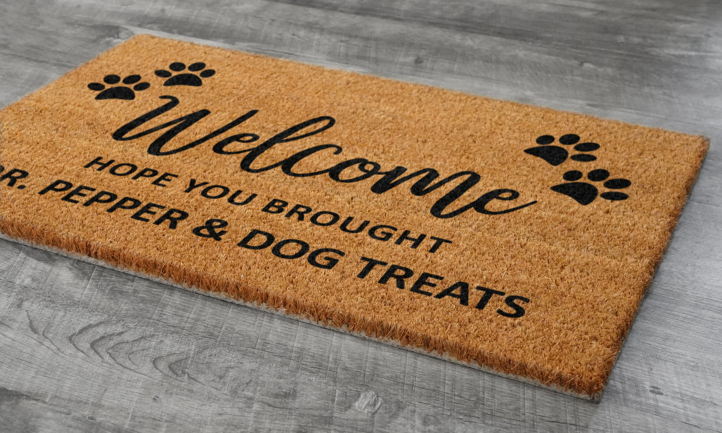 Welcome Brought Dog Treats Doormat, Hope You Brought Dr. Pepper and Dog Treats Mat, Dr. Pepper and Dog Treats Doormat, Welcome Doormats