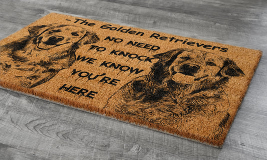 The Golden Retrievers Coir Door Mat, Funny The Golden Retrievers Dogs Door Mats, We Know You ARE Here The Golden Retrievers Outdoor Doormat