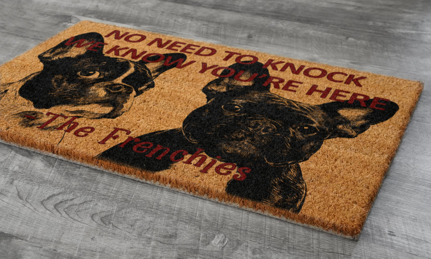 Frenchies Door Mat, French Bulldogs We Know You ARE Here Spring Door Mats, Funny French Bulldog Doormat, Welcome Frenchie Outdoor Coir Mats