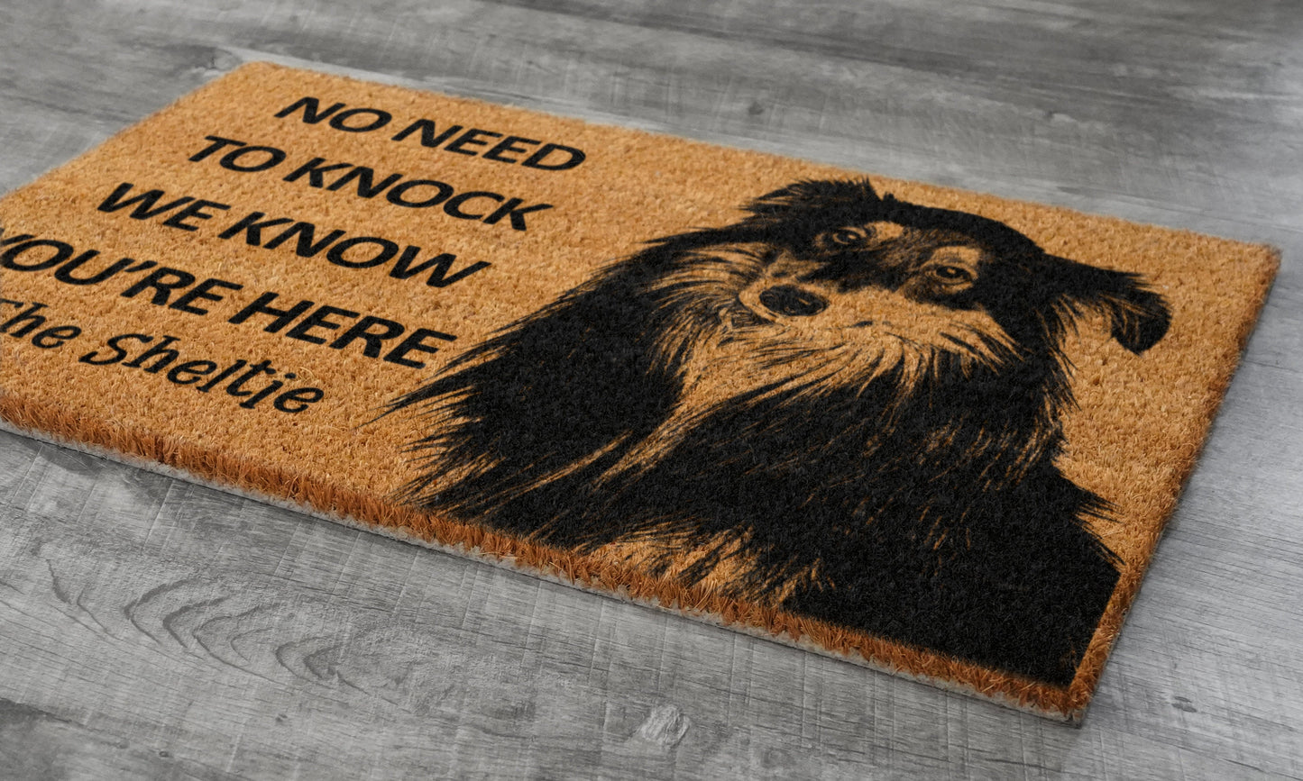 Sheltie Door Mat, Sheltie We Know You ARE Here Spring Door Mats, Shelties Doormat, Welcome Sheltie Outdoor Coir Mats, Shetland Sheepdog Mat