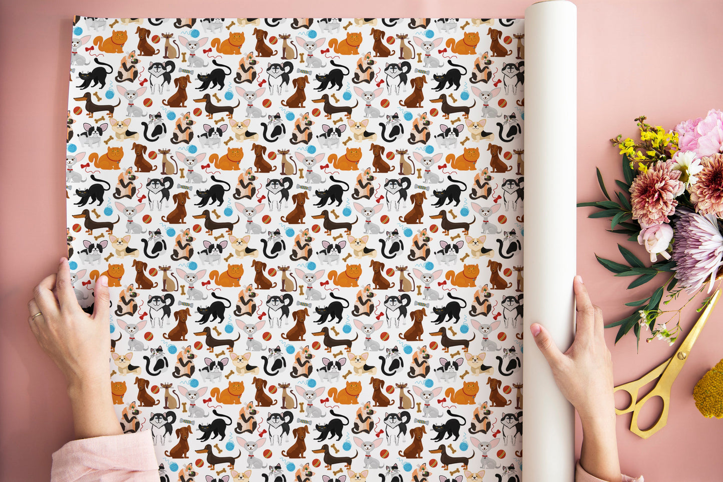 Cute Dogs Pattern Gift Wrapping Paper, All Dogs Wrapping Paper, Dogs Birthday Wrapping Paper, Floral Wrapping Paper, Birthday Wrapping Paper