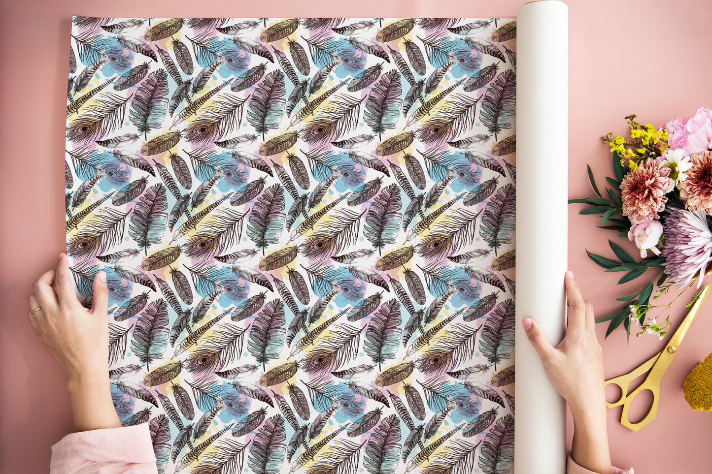 Feather Pattern Gift Wrapping Paper, Floral Wrapping Paper, Birthday Wrapping Paper, Wrapping Paper, Happy Birthday Wrapping Paper