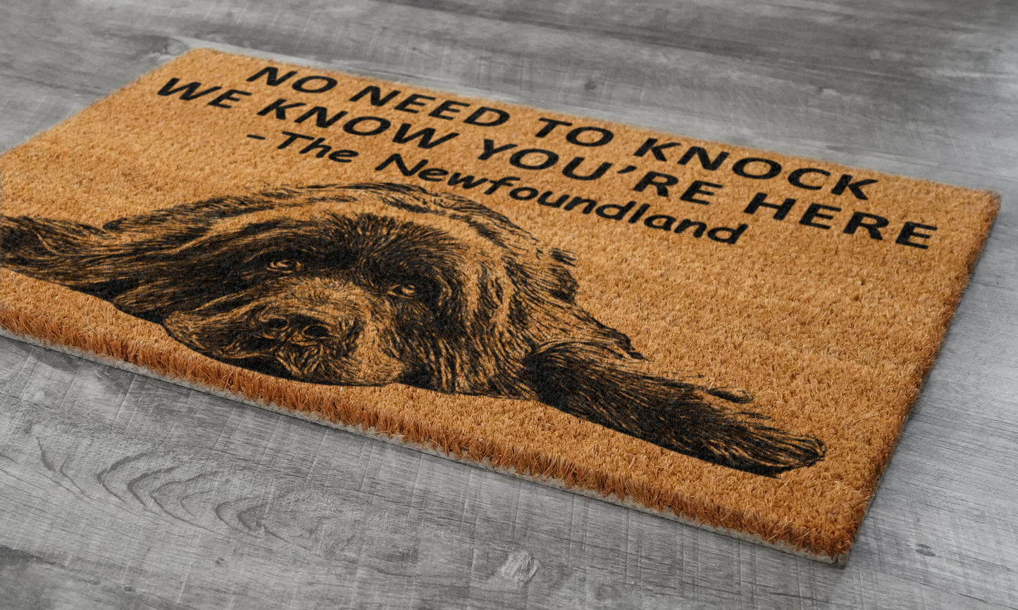 The Newfoundland Door Mat, We Know You ARE Here Spring Door Mats, Funny Newfoundland Doormat, Welcome Newfoundland Mats