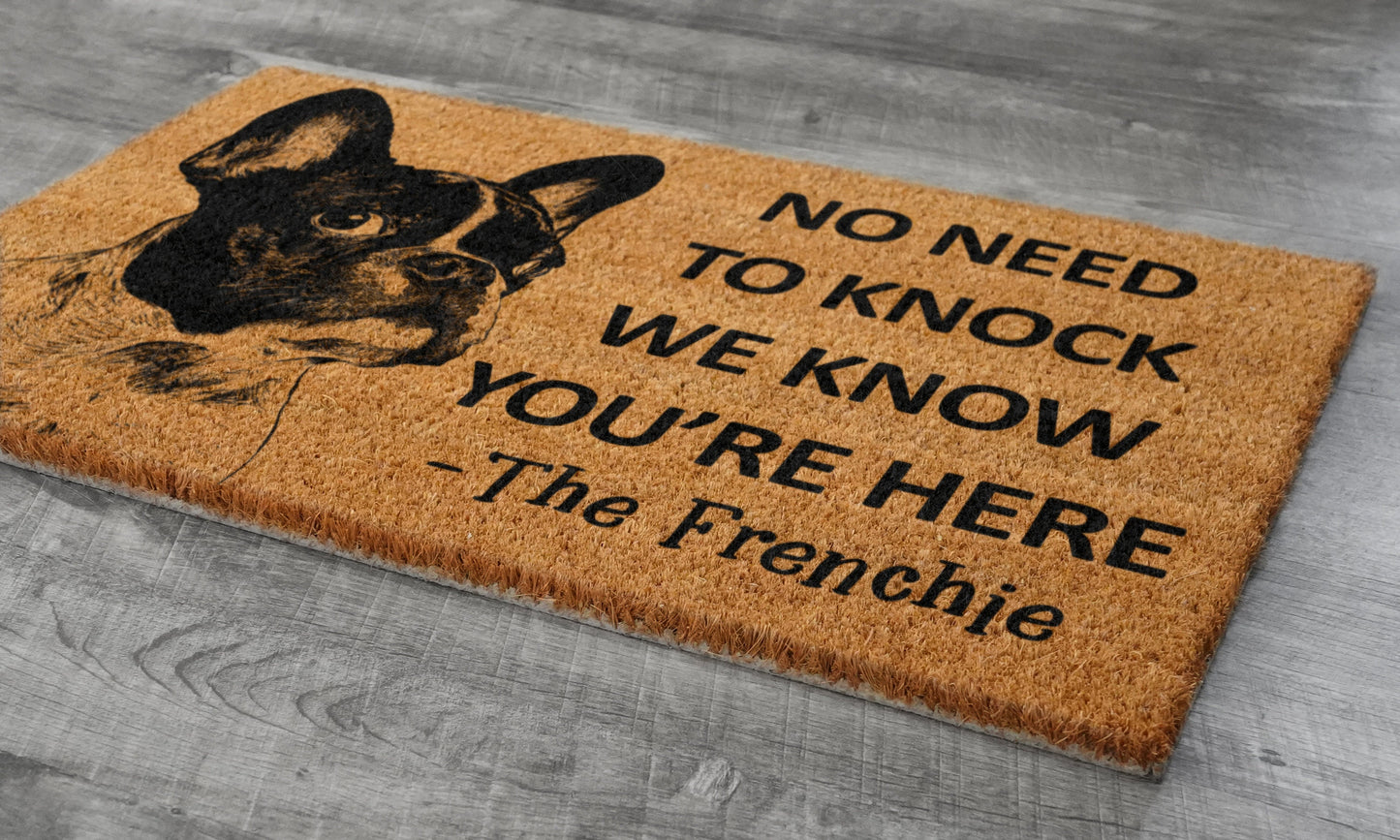 Frenchie Door Mat, French Bulldog We Know You ARE Here Spring Door Mats, Funny French Bulldog Doormat, Welcome Frenchies Mats