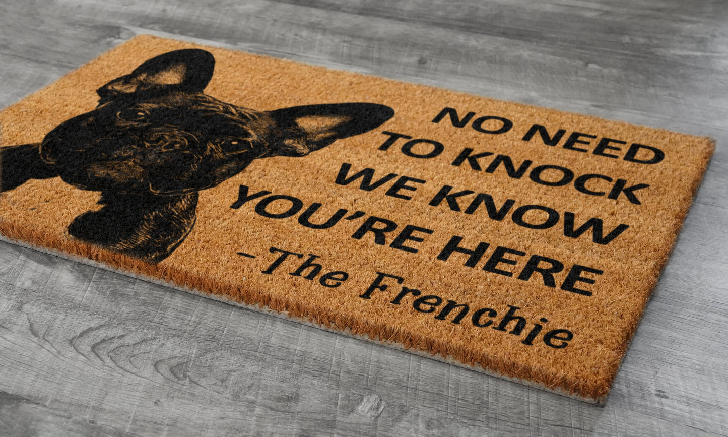 Frenchie Door Mat, French Bulldogs We Know You ARE Here Spring Door Mats, Funny French Bulldog Doormat, Welcome Frenchie Outdoor Coir Mats