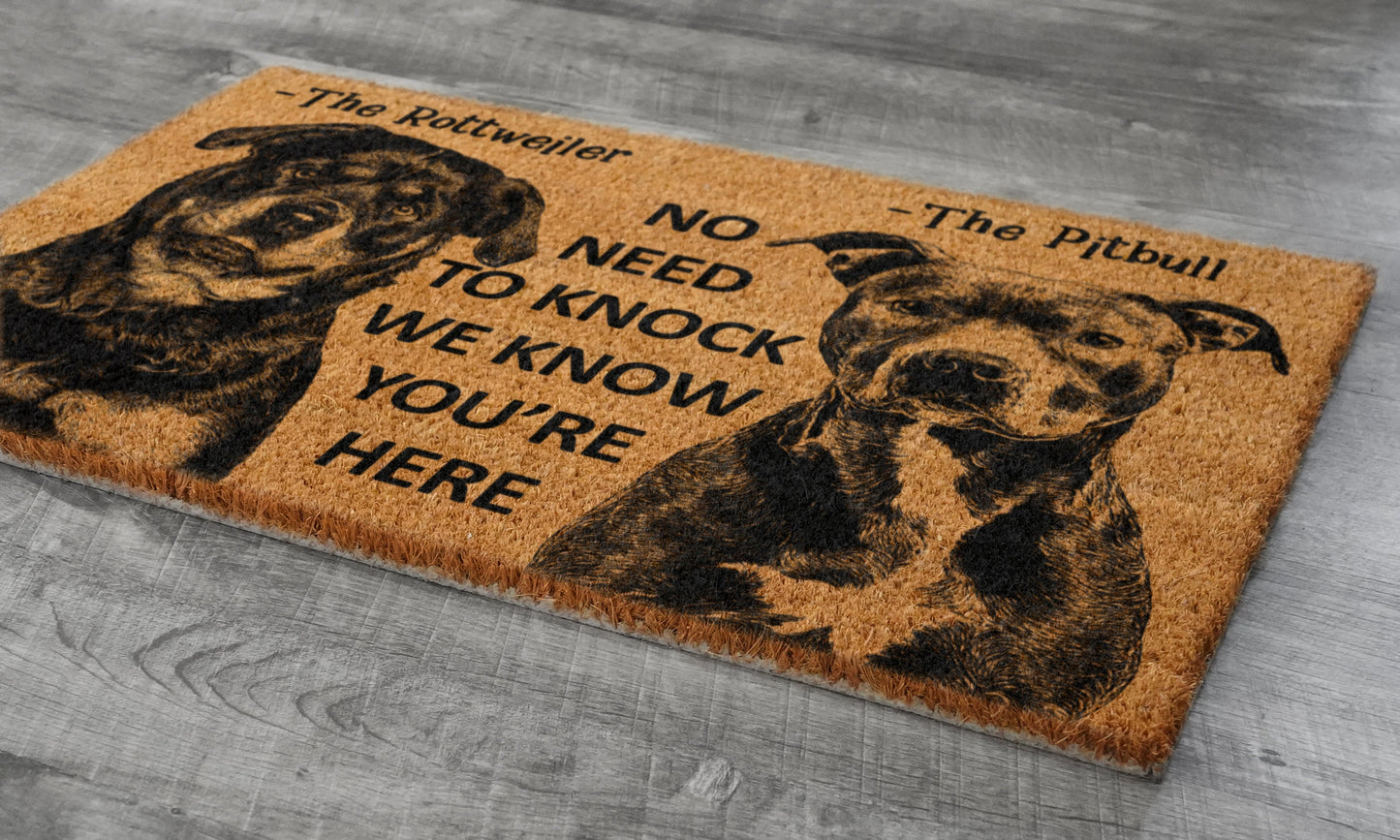 The Rottweiler and Pitbull Door Mat, We Know You ARE Here Rottweiler and Pitbull Dog Breed Door Mats, Funny Pitbull Doormat, Welcome Mats