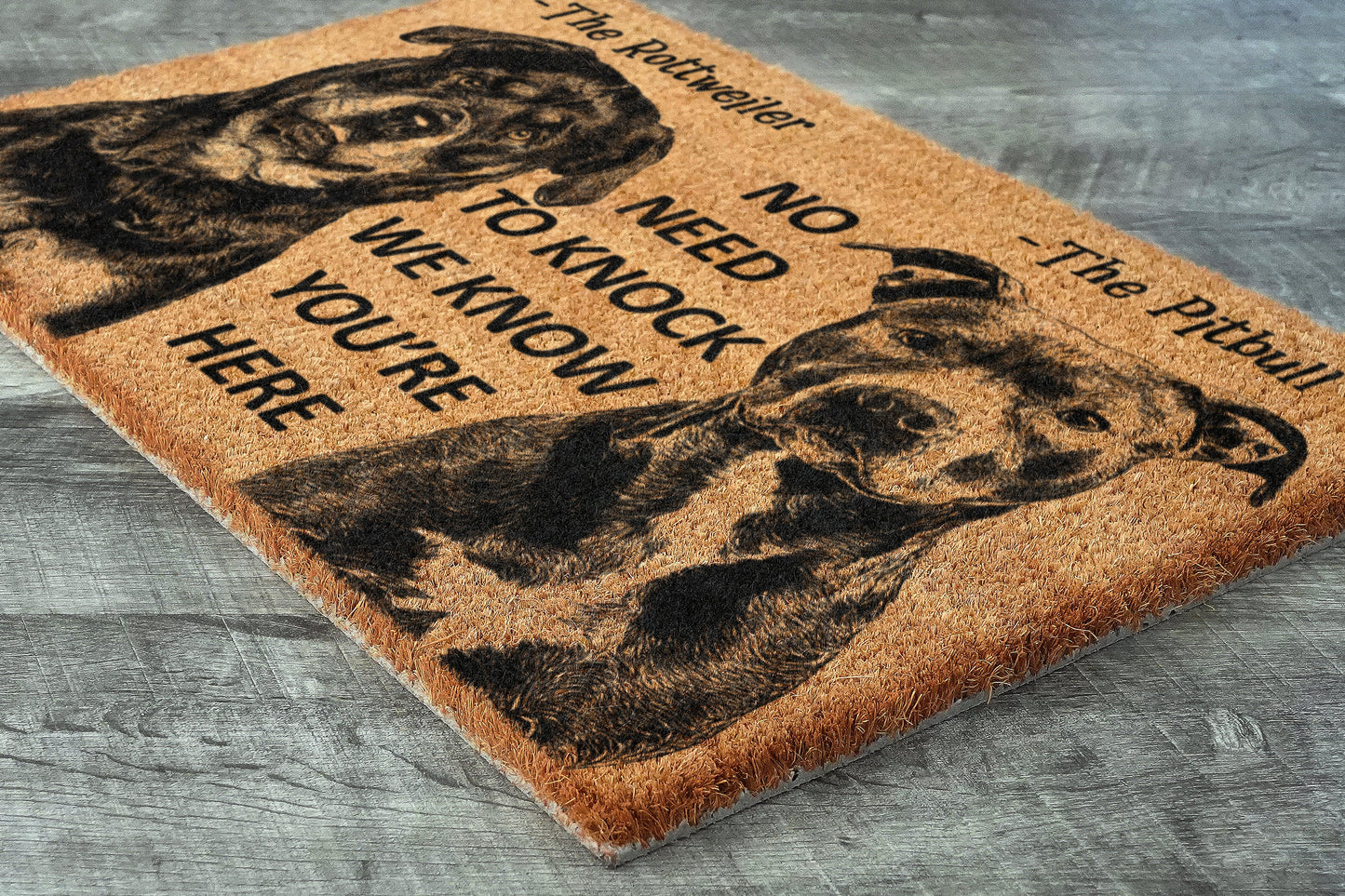 The Rottweiler and Pitbull Door Mat, We Know You ARE Here Rottweiler and Pitbull Dog Breed Door Mats, Funny Pitbull Doormat, Welcome Mats