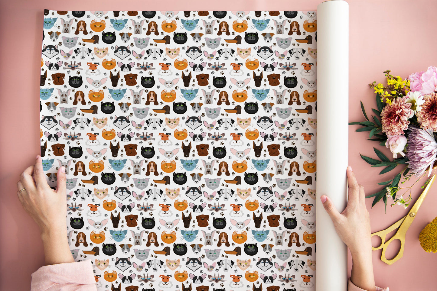 Cute Dogs Pattern Gift Wrapping Paper, Dogs Wrapping Paper, Dogs Birthday Wrapping Paper, Floral Wrapping Paper, Birthday Wrapping Paper
