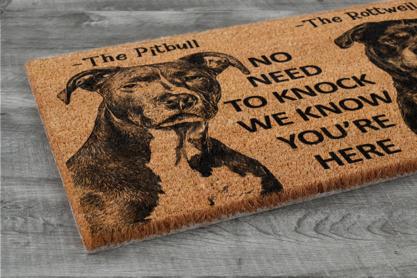 The Rottweiler and Pitbull Door Mat, We Know You ARE Here Rottweilers Dog Breed Door Mats, Funny Pitbull Doormat, Welcome Mats